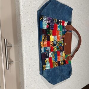 Longchamp Colorful Patchwork Tote with Blue and Brown